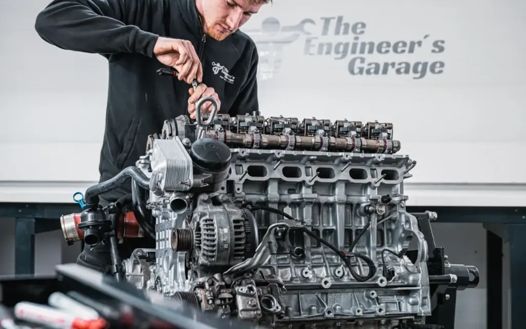 Motor van een BMW M-model wordt gerepareerd door een monteur.