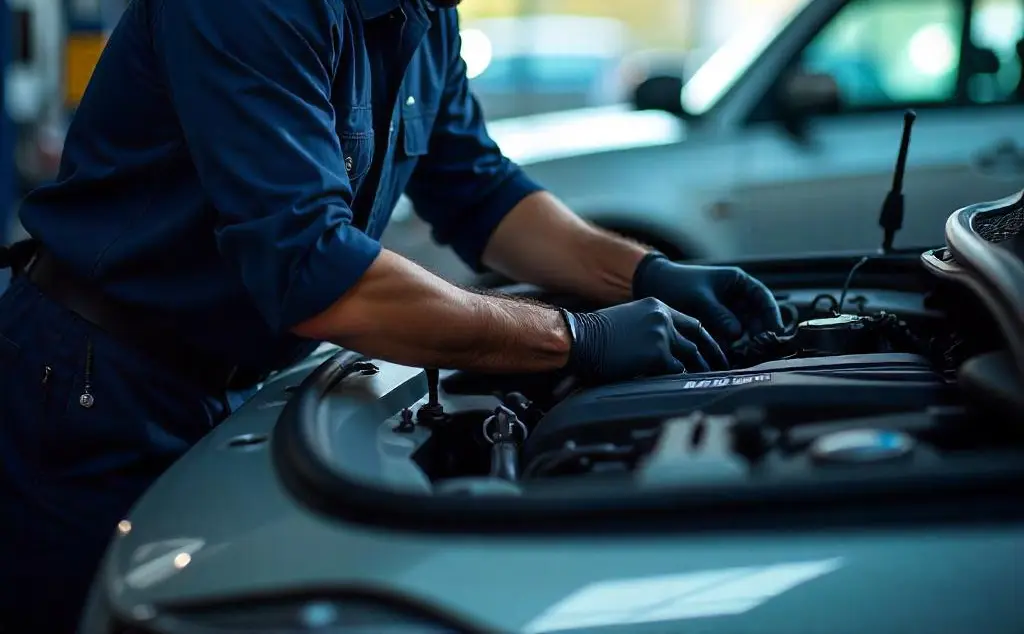 Motor van een BMW M-model wordt geïnspecteerd door een monteur.