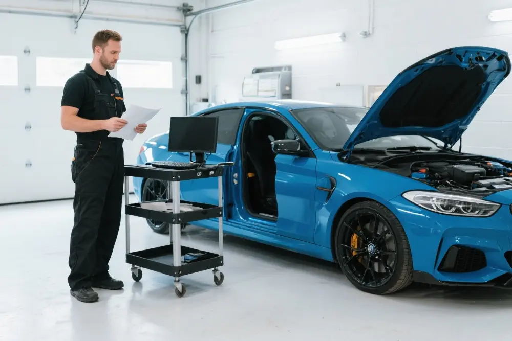 Engineer sluit diagnoseapparatuur aan op een BMW.